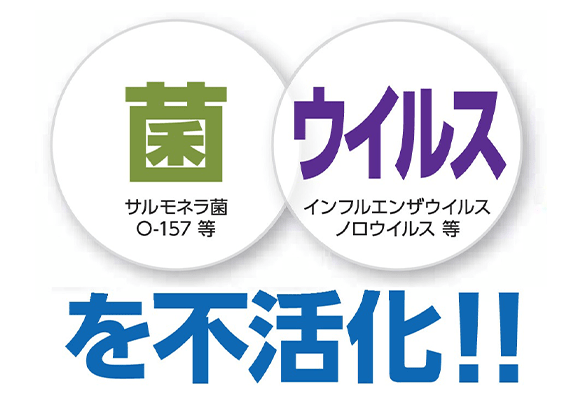 菌 サルモネラ菌 O-157 等 ウイルス インフルエンザウイルス ノロウイルス 等 を不活化!!